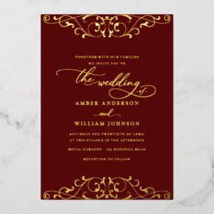 Invitation En Aluminium Bourgogne Élégant Tourbillon de Mariage Or