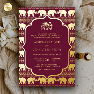 Invitation En Aluminium Bourgogne Eléphant Indien Photo Mariage Or