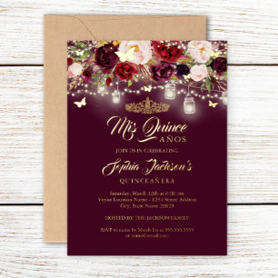 Invitation En Aluminium Bourgogne Floral Lumières Quinceanera Foil Invitat