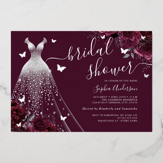 Invitation En Aluminium Bourgogne Floral Papillon Fête des mariées (Recto)