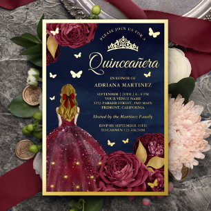 Invitation En Aluminium Bourgogne Floral Papillon Navy Quinceanera Or