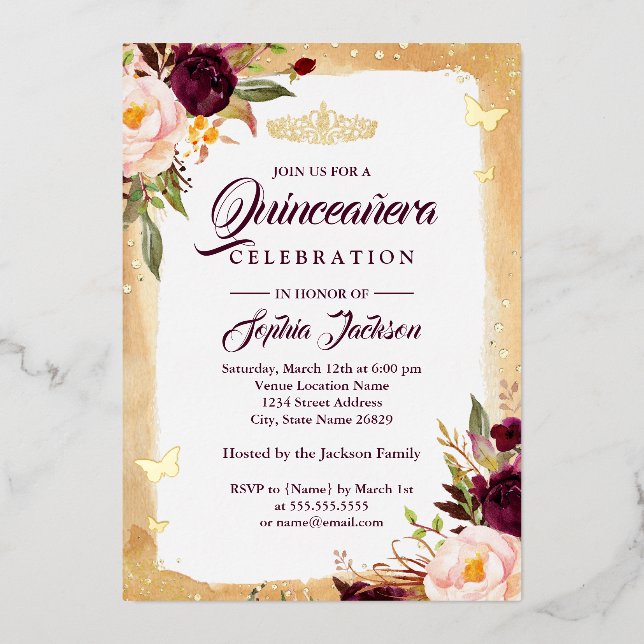 Invitation En Aluminium Bourgogne Floral Tiara Gold Quinceanera 15e (Recto)