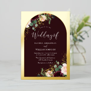 Invitation En Aluminium Bourgogne Marron Aquarelle Florale Mariage Or