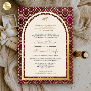 Invitation En Aluminium Bourgogne Motif Marocain Arc Sikh Mariage Or