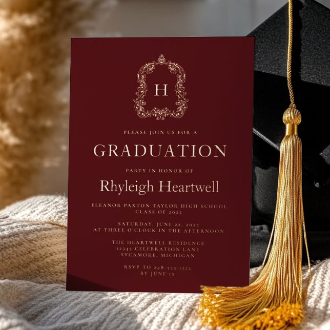 Invitation En Aluminium Bourgogne Rose Gold Monogram Crest Graduation Part (Créateur téléchargé)