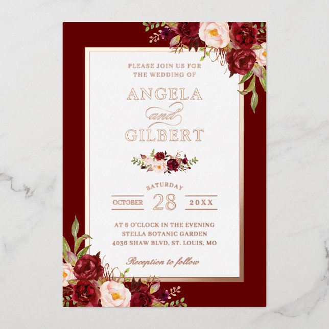 Invitation En Aluminium Bourgogne Rouge Blush Floral Mariage Rose Or (Recto)