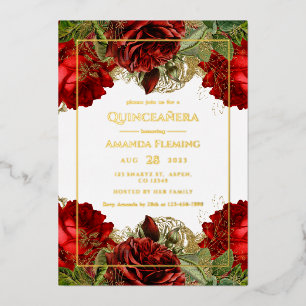 Invitation En Aluminium Bourgogne Rouge et or Vintage Roses Quinceañera Fo