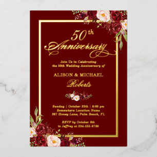 Invitation En Aluminium Bourgogne Rouge Floral 50e Anniversaire de Mariage