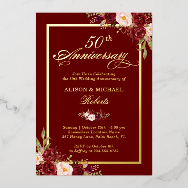 Invitation En Aluminium Bourgogne Rouge Floral 50e anniversaire Mariage Or (Recto)