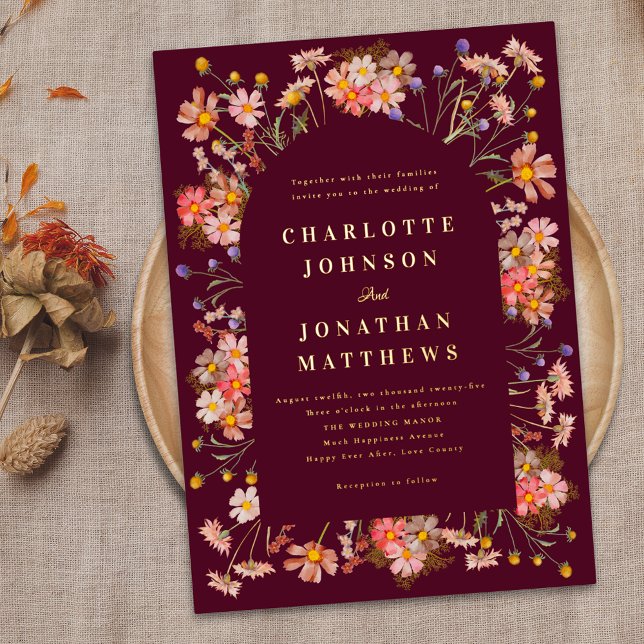 Invitation En Aluminium Bourgogne Rustique Arc Floral Mariage de automne O (Boho floral arch Elegant burgundy and gold foil fall wedding invitation Watercolor wildflowers )