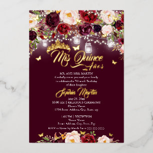 Invitation En Aluminium Bourgogne Rustique Floral Papillon Quinceanera