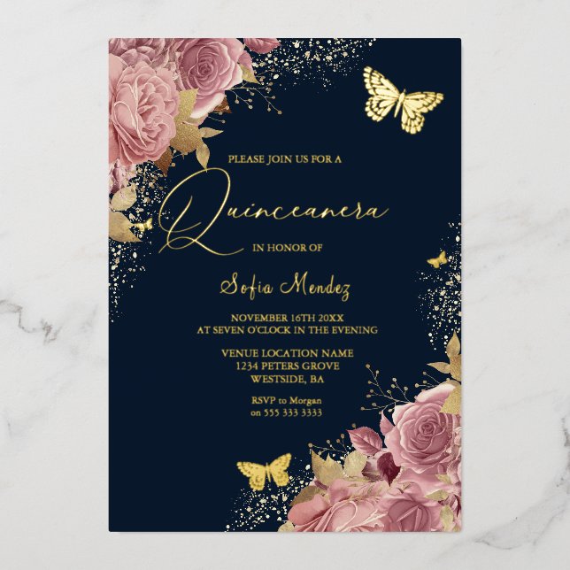 Invitation En Aluminium Bouteille enchantée Quinceanera Party Marine Golde (Recto)