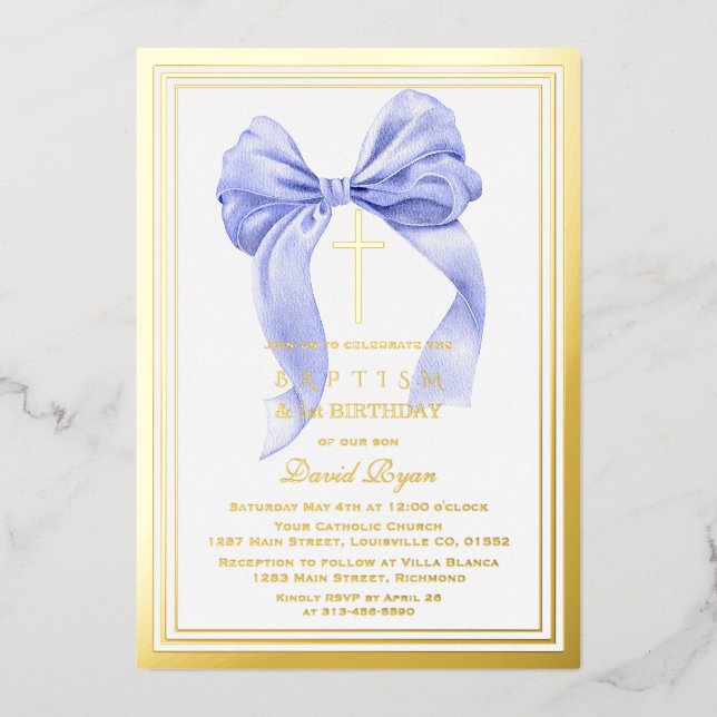 Invitation En Aluminium Bow Boy bleu or moderne 1er Anniversaire Baptême (Recto)
