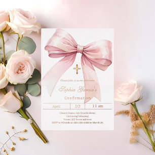 Invitation En Aluminium Bow rose fille rose or Confirmation