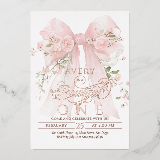 Invitation En Aluminium Bowtiful Un 1er Anniversaire Floral Bow Girls (Recto)