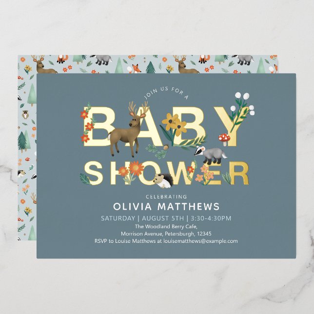 Invitation En Aluminium Boys mignon et Baby shower d'animaux boisés modern (Recto/Verso)