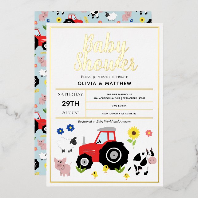 Invitation En Aluminium Boys mignonne Moderne Pays Baby shower tracteur ag (Recto/Verso)