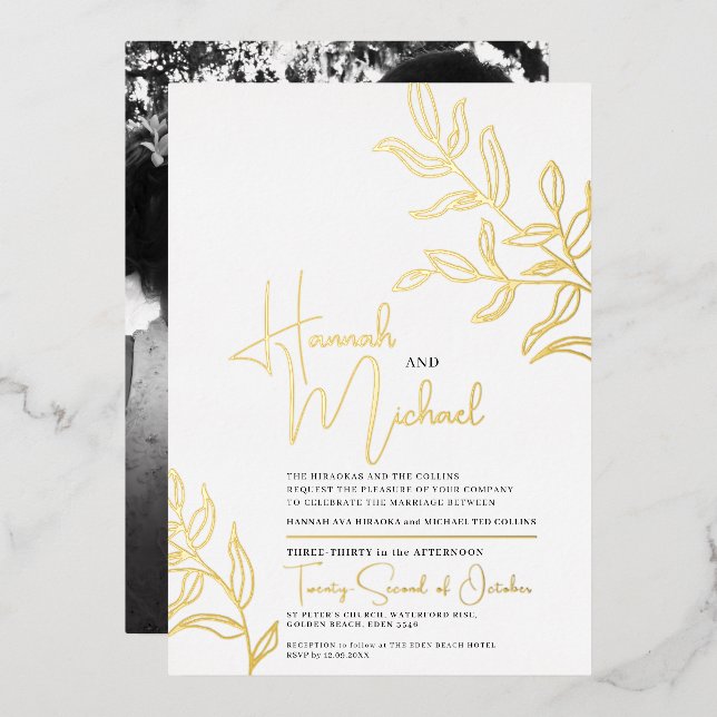 Invitation En Aluminium Branche d'or du mariage de croquis feuille (Recto/Verso)
