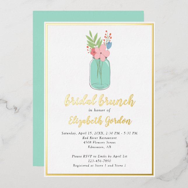 Invitation En Aluminium Bridal Brunch Douche Mason Fleurs Jar Gold Foil (Recto/Verso)