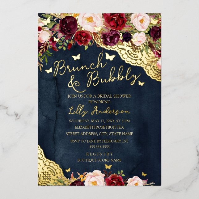 Invitation En Aluminium Bride Burgundy Marine Gold Lace Brunch Et Bubbly (Recto)