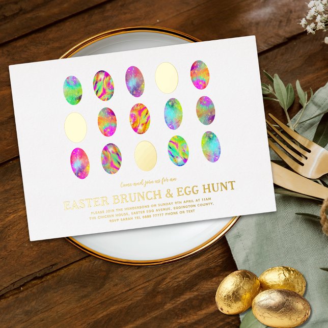 Invitation En Aluminium Brunch chasse aux œufs de Pâques moderne aquarelle (Modern Easter egg hunt spring brunch watercolor Easter egg art gold foil invitation)