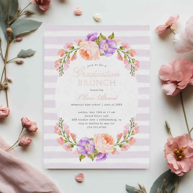 Invitation En Aluminium Brunch de graduation Lilac Stripe and Bloom (Créateur téléchargé)