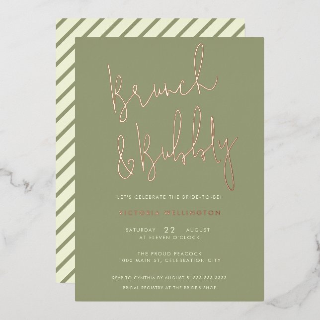 Invitation En Aluminium Brunch et Bubbly Sage Green Fête des mariées Gold (Recto/Verso)
