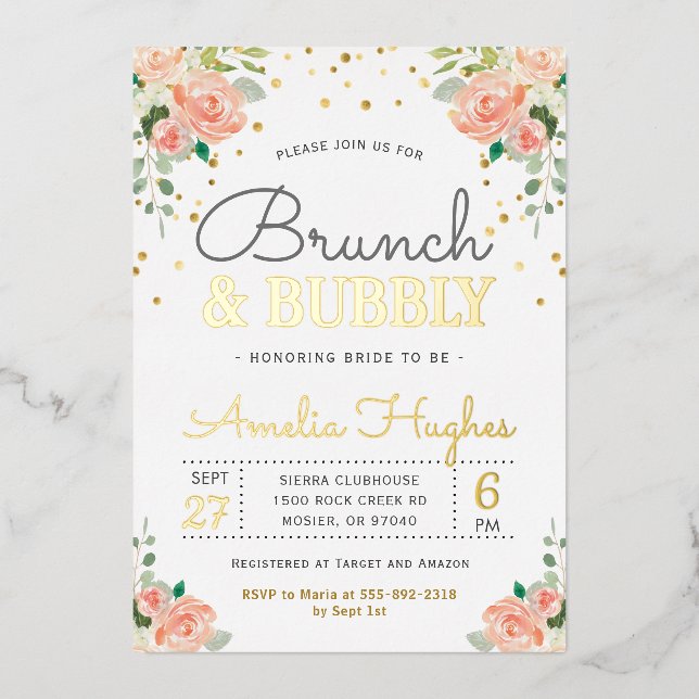 Invitation En Aluminium Brunch et Fête des mariées Bubbly Blush Peony Gold (Recto)