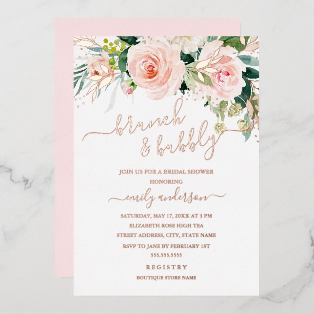 Invitation En Aluminium Brunch Floral rose Rose Or Et Bubbly (Recto/Verso)