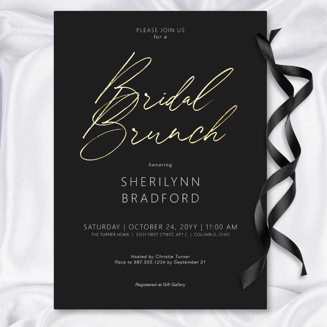 Invitation En Aluminium Brunch nuptial noir et blanc minimal en or (Minimal Gold Black & White Bridal Brunch Foil Invitation)
