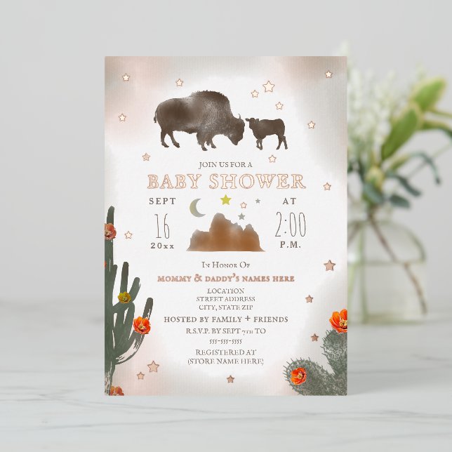 Invitation En Aluminium Buffalo Bison Cactus Stars Girl Baby shower (Debout devant)