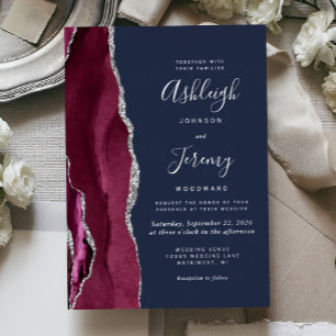 Invitation En Aluminium Burgundy Argent Agate Marine Bleu Mariage moderne