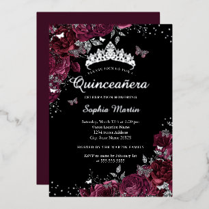 Invitation En Aluminium Burgundy Black Floral Elégant Silver Quinceanera
