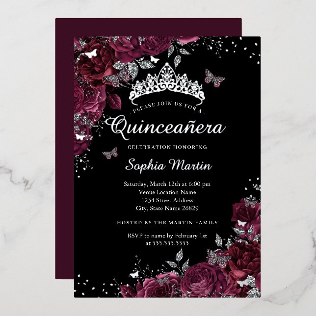 Invitation En Aluminium Burgundy Black Floral Elégant Silver Quinceanera (Recto/Verso)