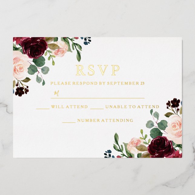 Invitation En Aluminium Burgundy & Blush Aquarelle Mariage Gold RSVP (Recto)