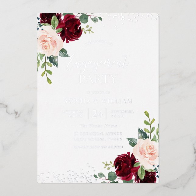 Invitation En Aluminium Burgundy Blush Floral Engagement Party Argent (Recto)