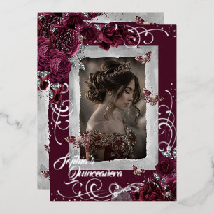 Invitation En Aluminium Burgundy Fête de 15 ans Photo Rose Papillon