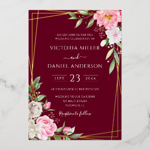 Invitation En Aluminium Burgundy Fleurs Aquarelle Géométrique Or Mariage