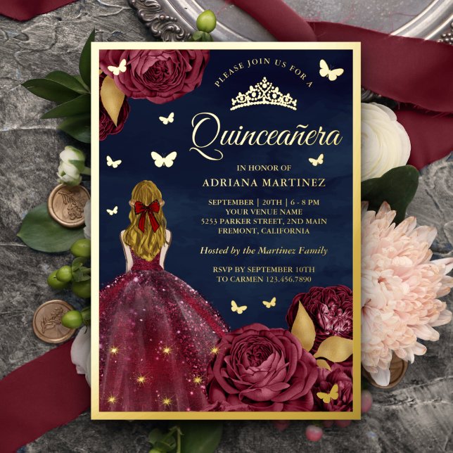 Invitation En Aluminium Burgundy Floral Butterfly Marine Quinceanera Gold (Créateur téléchargé)