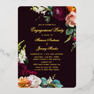 Invitation En Aluminium Burgundy Floral Calligraphy Engagement Party Gold