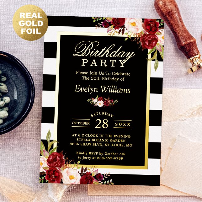 Invitation En Aluminium Burgundy Floral Noir Blancs Fête Anniversaire (Créateur téléchargé)