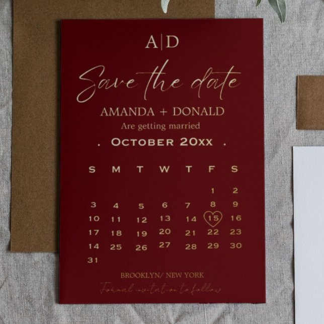 Invitation En Aluminium Burgundy Gold Calendrier Mariage Enregistrer la da (Créateur téléchargé)
