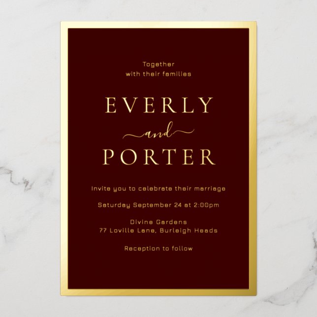 Invitation En Aluminium Burgundy & Gold Elegance Mariage Golden (Recto)