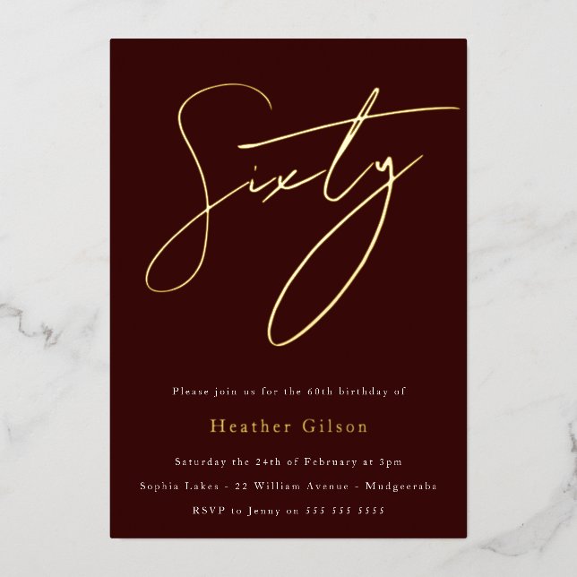 Invitation En Aluminium Burgundy & Gold Foil Script 60e fête d'anniversair (Recto)