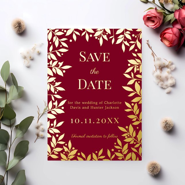 Invitation En Aluminium Burgundy gold wedding Save the Date foil card (Créateur téléchargé)