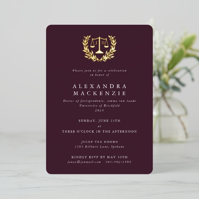 Invitation En Aluminium Burgundy JD Law Scales+Laurel Wreath Graduation (Debout devant)