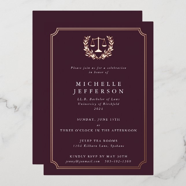 Invitation En Aluminium Burgundy Law School Graduation Party (Recto/Verso)