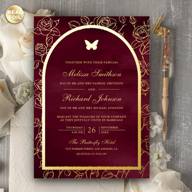 Invitation En Aluminium Burgundy Line Art Arch Papillon Mariage Or (Créateur téléchargé)