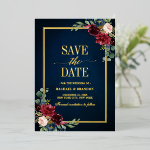 Invitation En Aluminium Burgundy Navy Floral Gold Frame Enregistrer la dat