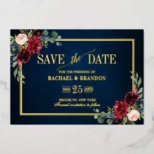 Invitation En Aluminium Burgundy Navy Floral Gold Frame Enregistrer la dat